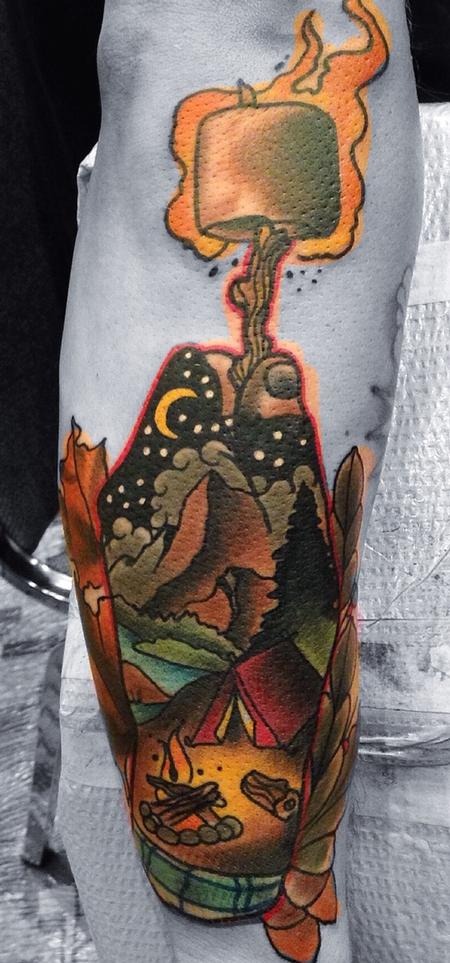 Tattoos - traditional color camp site with roasted marshmallow tattoo. Gary Dunn Art Junkies Tattoo, Hesperia CA  - 94275